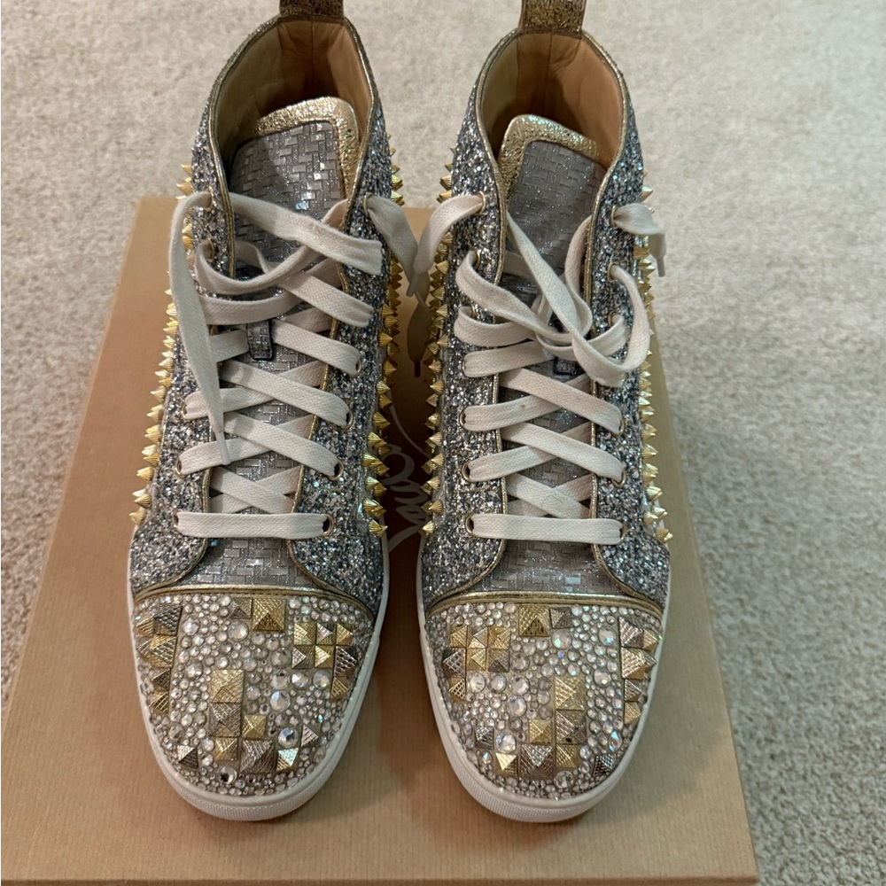 Men’s Christian Louboutin Gold and Silver Studded High-Top Sneakers